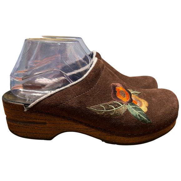 DANSKO 39/US8.5-9 Brown Suede Comfort Clog Orange Floral Embroidery Mules READ - Picture 7 of 12